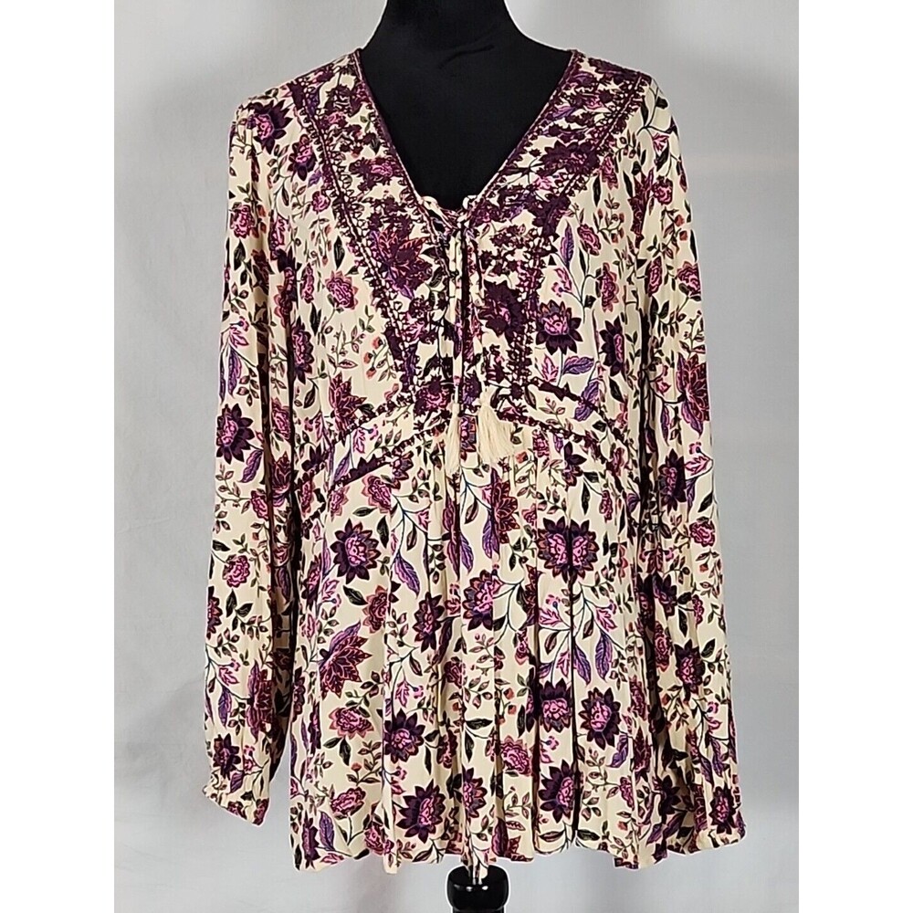 Torrid Challis Floral Tan Textured Embroidered Lace-Up Front Top 2X